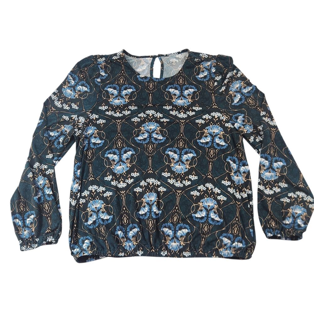 Loft outlet womens blouse sz large keyhole long sleeve floral green blue